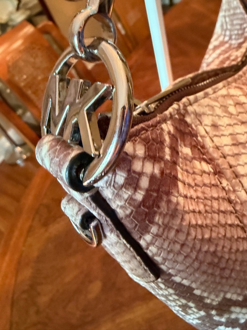 NWT Michael Kors Fulton Baguette Bag in (Dark Sand) Taupe Python-Print MSRP $339 - Picture 4 of 10